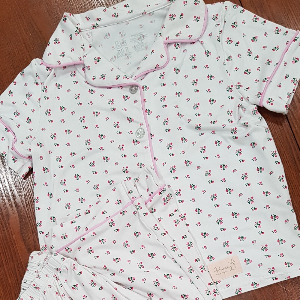 White and Pink Floral Kids Pajama Set with Pink Piping